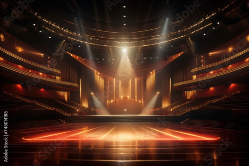 Empty concert stage with illuminated spotlights. 