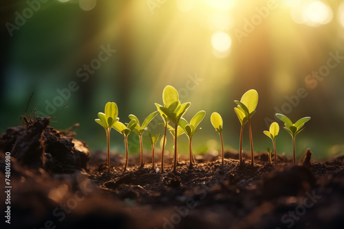 a close-up macro photo of a young green tree plant sprout growing up from the black soil, sunshine shinning a light. Growth new life concept