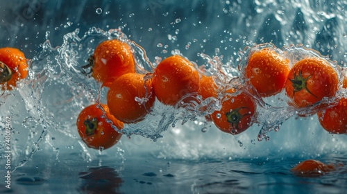 Close-up red tomatoes cherry splashing into water, with a blue background