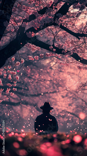 The man of music under a canopy of night sakura