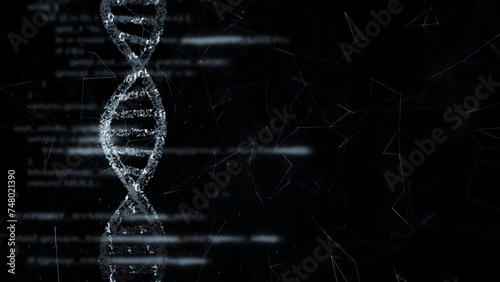 Blurry text writing on science screen with dna chain illustration.