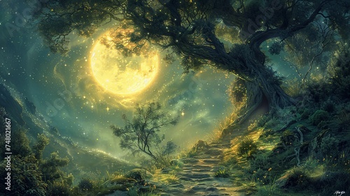 A serene pathway winds through an enchanted forest, bathed in the glow of a bright, magical full moon and twinkling stars, mystic symbols.