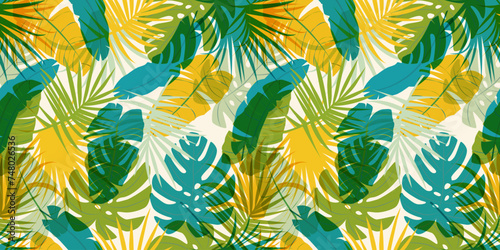 Modern colorful tropical pattern. Cute botanical abstract contemporary seamless pattern with exotic plants. Hand drawn unique print for wrapping paper, fabric print, wallpaper.