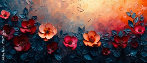 The painting is abstract, has metal elements, a texture background, flowers, and plants.