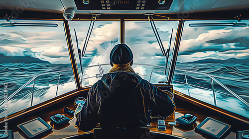 a sea captain in the cockpit of a transatlantic ship sailing the sea