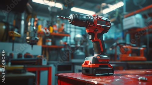 New cordless drill. The power tool is on a red industrial metal base.