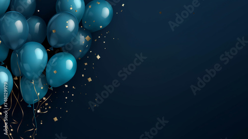 birthday party balloons, Celebration background with golden blue confetti and blue balloons on dark blue background. Banner 