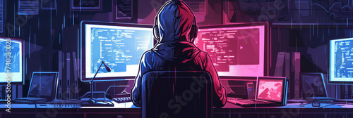 Stylized digital illustration of hacker workspace - Sleek, stylish digital artwork showing a hacker's workspace with multiple screens and vivid neon blue backlight