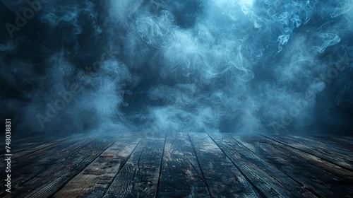Smoke and mist on a wooden table - abstract Halloween background with a defocused effect
