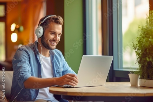 Smiling caucasian young man work in cafe with laptop and earphone. Education concept.
