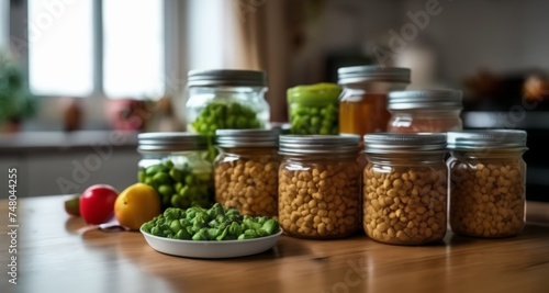  A table of jars filled with colorful grains and legumes, ready for a healthy meal