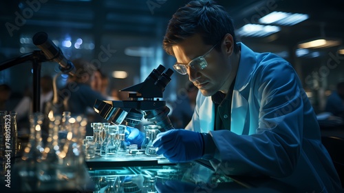 A visually striking image of a medical doctor in a research laboratory, analyzing samples under a microscope, demonstrating scientific investigation and innovation, captured in high-definition realism