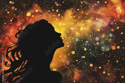 Curious Woman Silhouette Merging with the Starry Cosmos