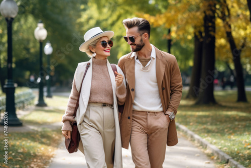 A stylishly dressed elderly woman walks with her young boyfriend.