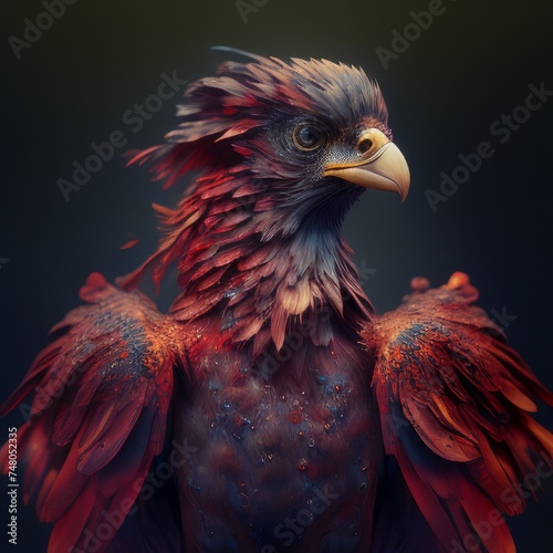 Mythical phoenix bird is raising from ash. burning fiery bird flies on a black background