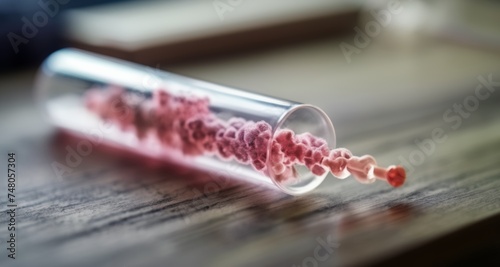  A close-up of a glass test tube with pink and red particles inside