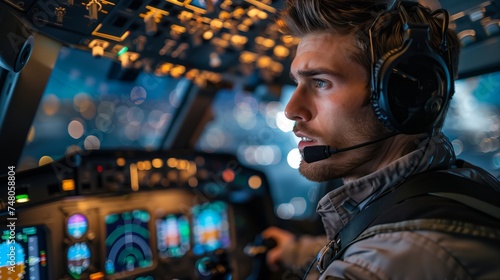 A focused pilot in the cockpit preparing for a night flight, surrounded by illuminated controls and navigation equipment.