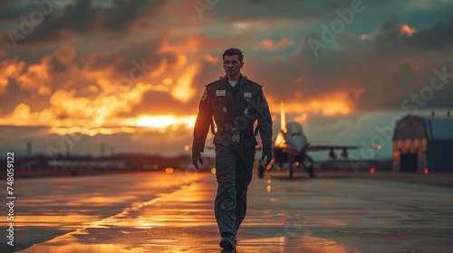 A military pilot in uniform confidently walks on the runway towards a fighter jet at sunset.