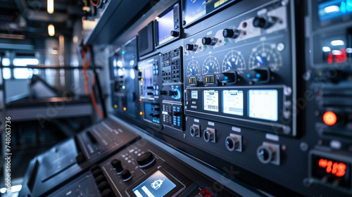 A tightly focused image of the turbines control panel displaying various switches gauges and monitors.