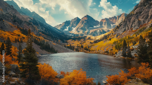 A serene and picturesque mountain lake surrounded by snow-capped peaks realistic stock photography 