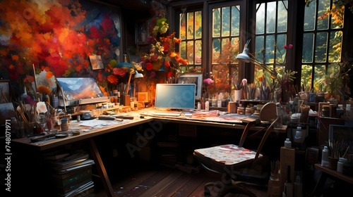 A top-down view of an artist's studio, with paints, brushes, and canvases scattered across the workspace, showcasing the creative process and the artist's tools, captured in high-definition detail