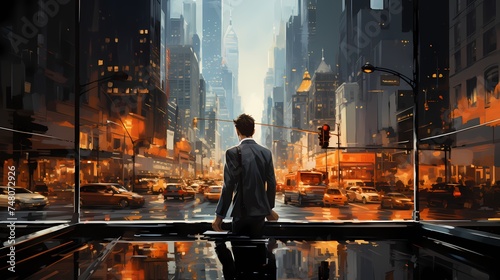 A visually striking composition featuring an artist creating their self-portrait on a whiteboard, the surrounding cityscape reflected in the glass surfaces, adding depth and context to the scene
