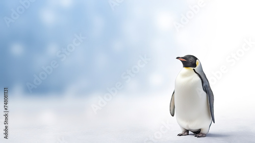 a image of a penguin, blur nature background, with empty copy space