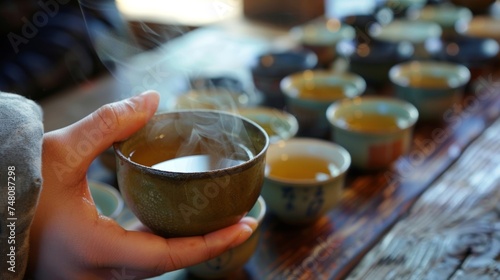 A students hand holding a cup of traditional tea at a language event with different tea blends and their country of origin listed on the table. The steam rising from the cup