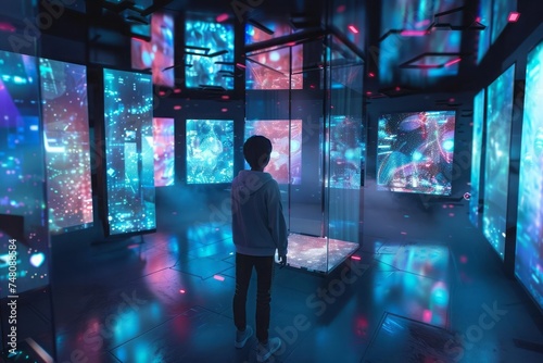 Holographic displays showcase a vast array of knowledge and skills Person navigates this virtual space engaging with interactive educational content that contributes to their constant self-improvement