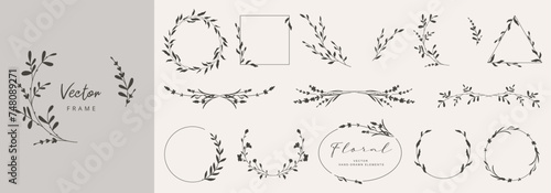 Collection of floral frames with silhouettes of branches, leaves and flowers. Hand drawn elegant delicate botanical borders and wreaths. Vector isolated elements for wedding invitation, card, logo
