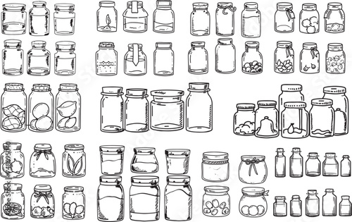 Glass jars contour drawing vector isolated white background