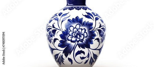 A cobalt blue porcelain ceramic vase, intricately painted with traditional folk patterns, sits on top of a table. The vase is a stunning decor piece for interior design, perfect for holding flowers.