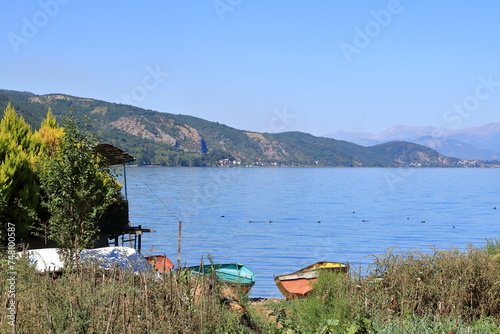 view of Lake Ohrid with fisherman boats near Lin, Albania