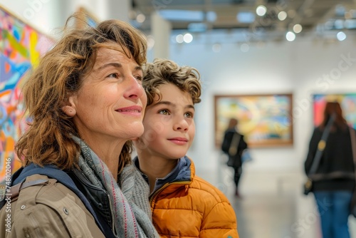 Smiling Middle-Aged Woman with Young Boy Enjoying Art Gallery Exhibition, Colorful Abstract Paintings in Background