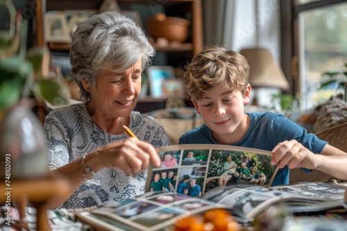 Senior Woman and Young Boy Enjoying Family Photo Album Together at Home