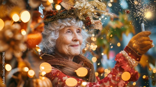Older woman in a fairy godmother costume sprinkling glitter on Halloween decorations