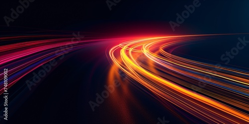 Highway illumination. Bend dash path stripe. Rapid velocity automobile. Extended amber and crimson route impact. Radiant road display. Obscured movement.