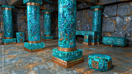 Alchemical labyrinth: ancient walls and columns covered with gold and decorated with alchemical