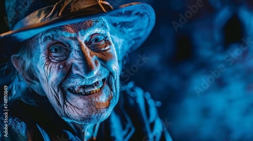 Elderly gentleman smiling in a zombie costume as he organizes a frightful haunted house tour for Halloween with a chilling blue background 