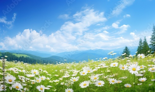 Beautiful, sun-drenched spring summer meadow. Natural colorful panoramic landscape with many wild flowers of daisies against bright orange sun in sunset sky. 