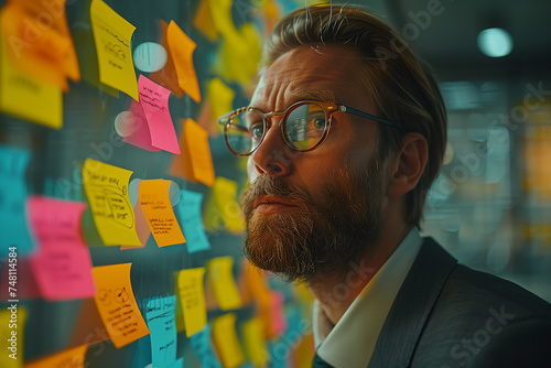 Portrait of two business men putting sticky notes on glass board. Professional business team brainstorming marketing strategy while stick notes on glass wall