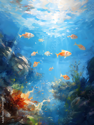 Beautiful underwater landscape. Oil painting in impressionism style.