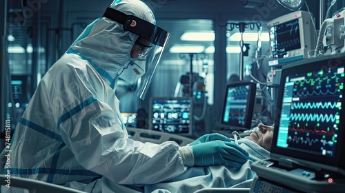 Doctor in protective gear caring for ICU patient surrounded by high tech equipment
