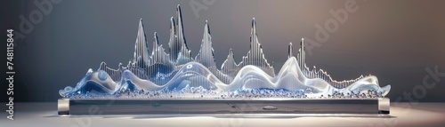 A 3D glass sculpture of rising and falling forex trading graphs embodying the volatility and beauty of the forex market