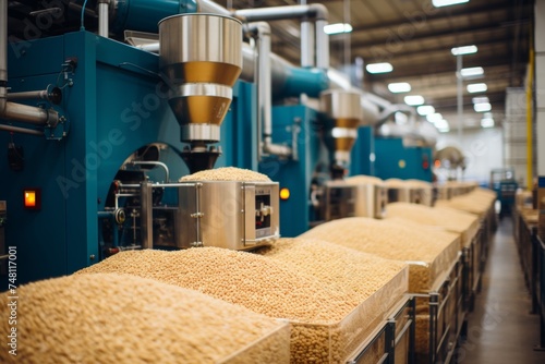 An immersive scene of a modern rice mill in operation, with machinery processing harvested rice grains, showcasing the integration of technology in the production