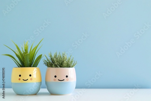 Adorable potted plant kawaii figures showcasing different expressions on a pastel backdrop with text space