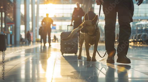 Security officer with police dog at airport. Police dog. Sniffer Dog. Generative AI