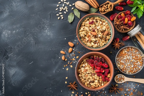 The idea of homemade dishes that are both healthy and delicious such as granola with nuts and dried fruits displayed with the ingredients for its preparation