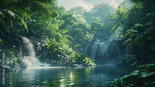 Tropical waterfall oasis with lush greenery and serene pond, ideal for nature and travel themes.
