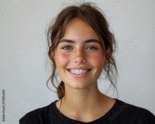 Caucasian girl with brown hair and light eyes, with freckles, smiling and showing her teeth with braces